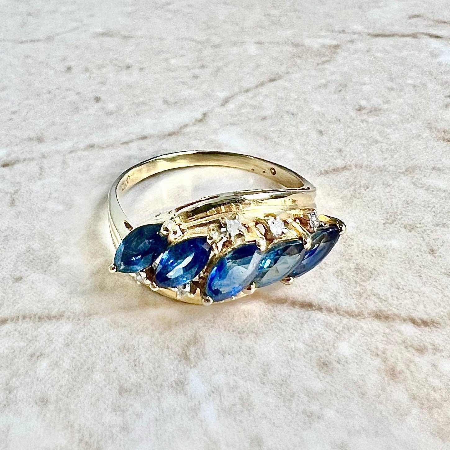 Vintage 14 Karat Yellow Gold Sapphire & Diamond Band Ring - WeilJewelry