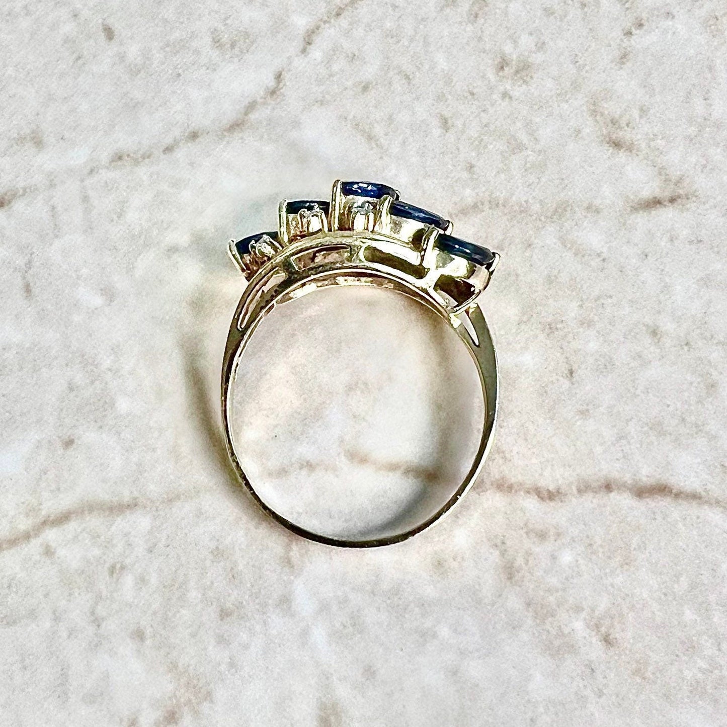 Vintage 14K Diamond & Sapphire Band Ring - Yellow Gold Sapphire Ring - Cocktail Ring - September Birthstone -Birthday Gift-Best Gift For Her
