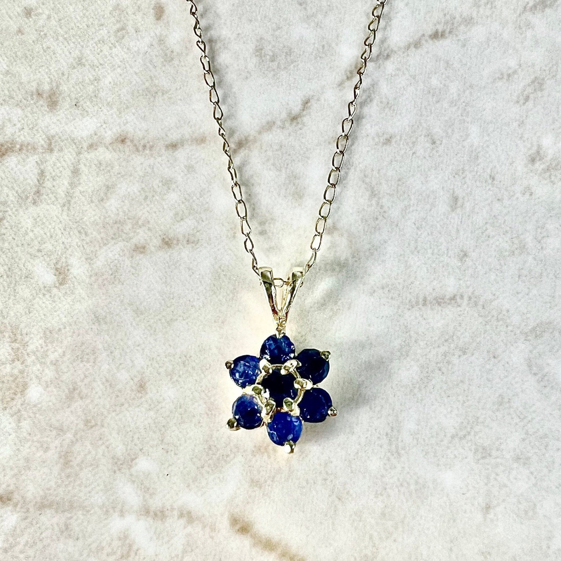 Vintage 14K Sapphire Halo Pendant Necklace - 14K Yellow Gold Sapphire Necklace - Halo Necklace - September Birthstone - Best Gifts For Her