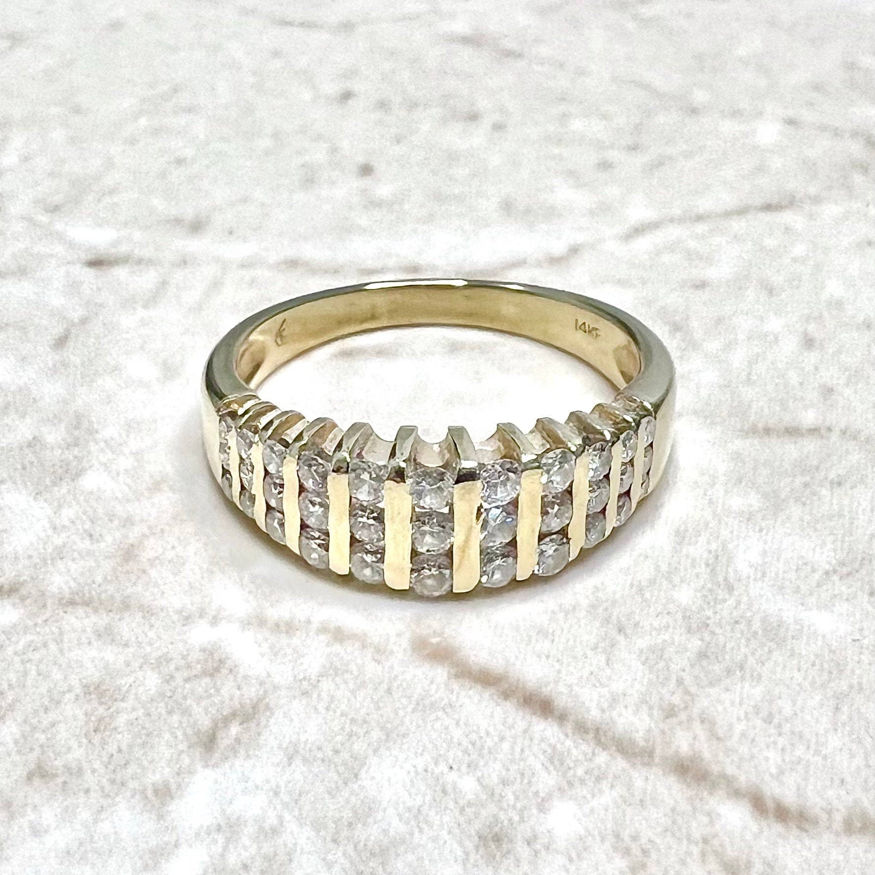 Vintage 14 Karat Yellow Gold Three - Row 0.50 Carat Diamond Band Ring - WeilJewelry