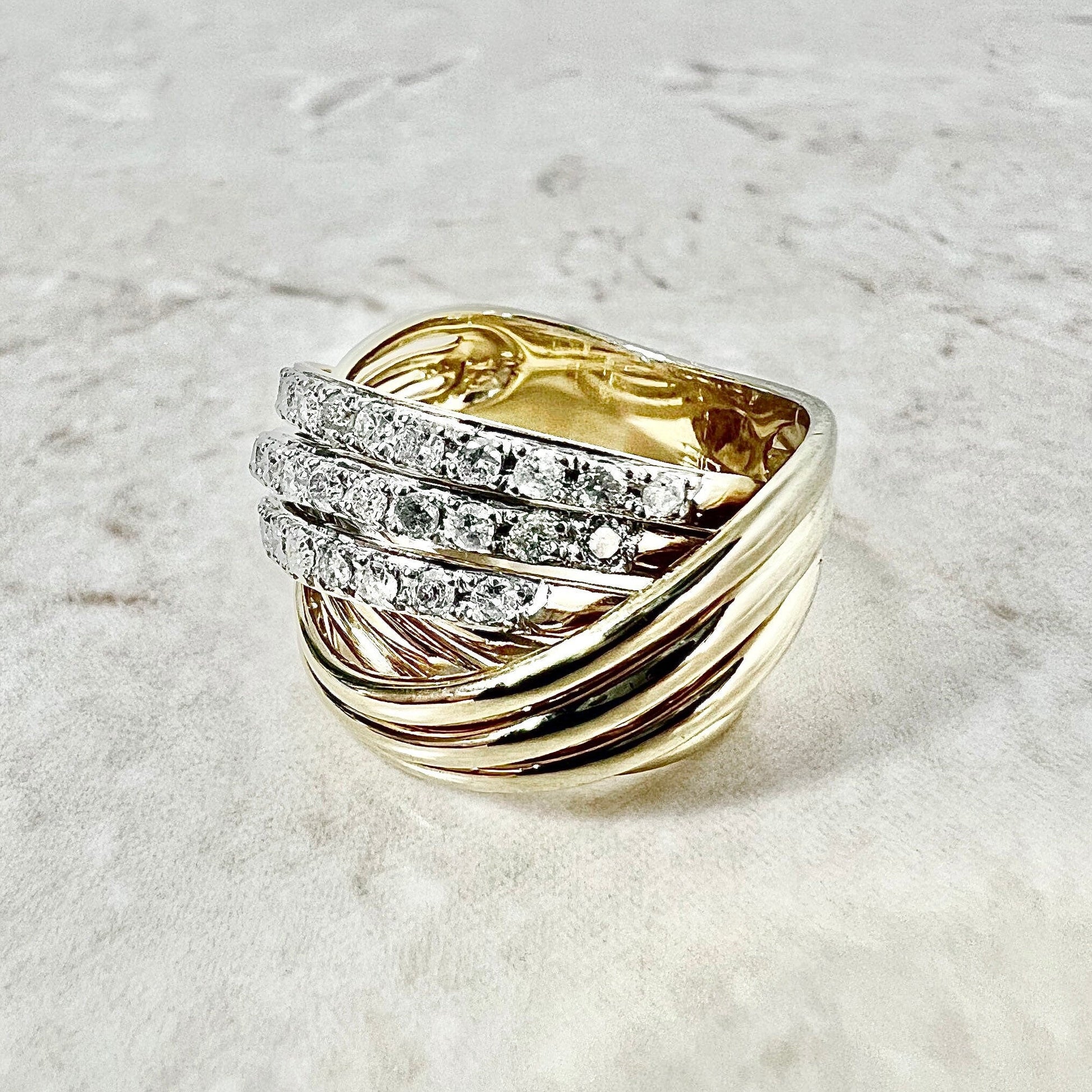 Vintage 14K Diamond Crossover Band Ring - 3 Row Yellow Gold Diamond Ring - Diamond Cocktail Ring - Two Tone Gold - Birthday Gift For Her