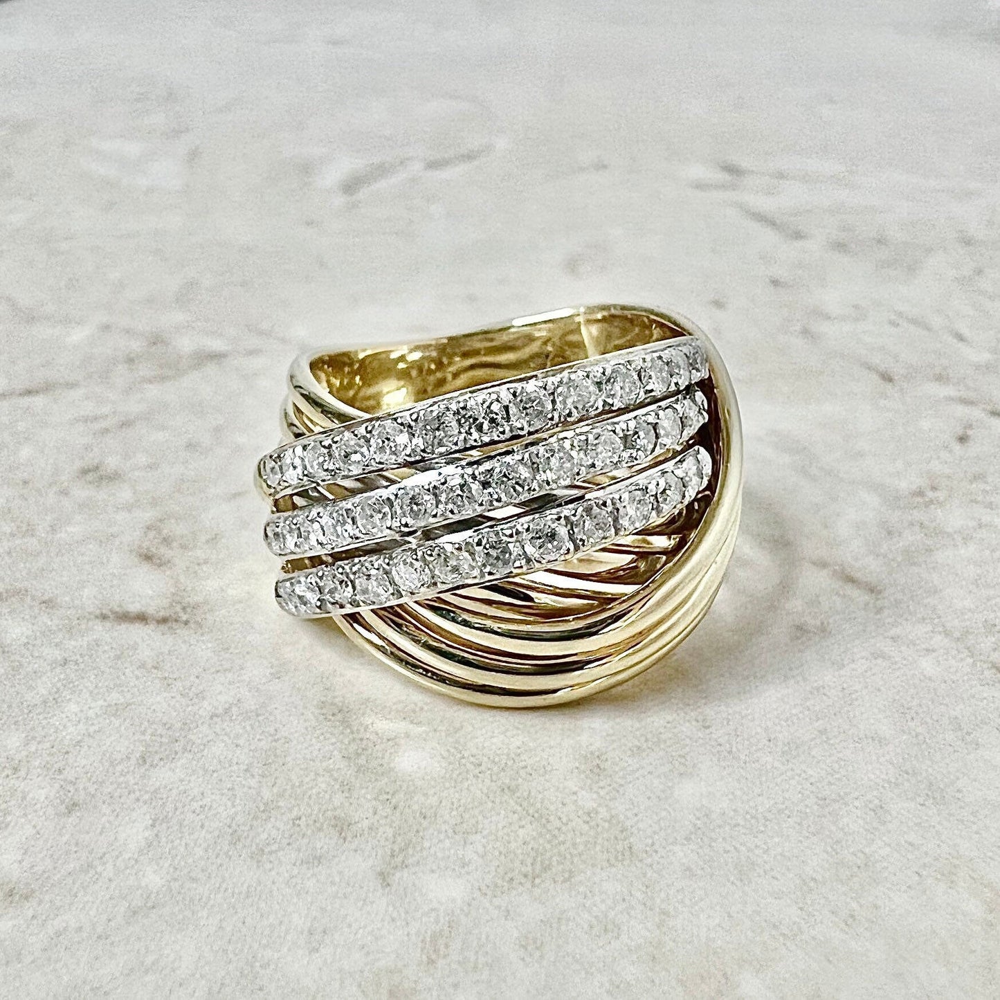 Vintage 14K Diamond Crossover Band Ring - 3 Row Yellow Gold Diamond Ring - Diamond Cocktail Ring - Two Tone Gold - Birthday Gift For Her