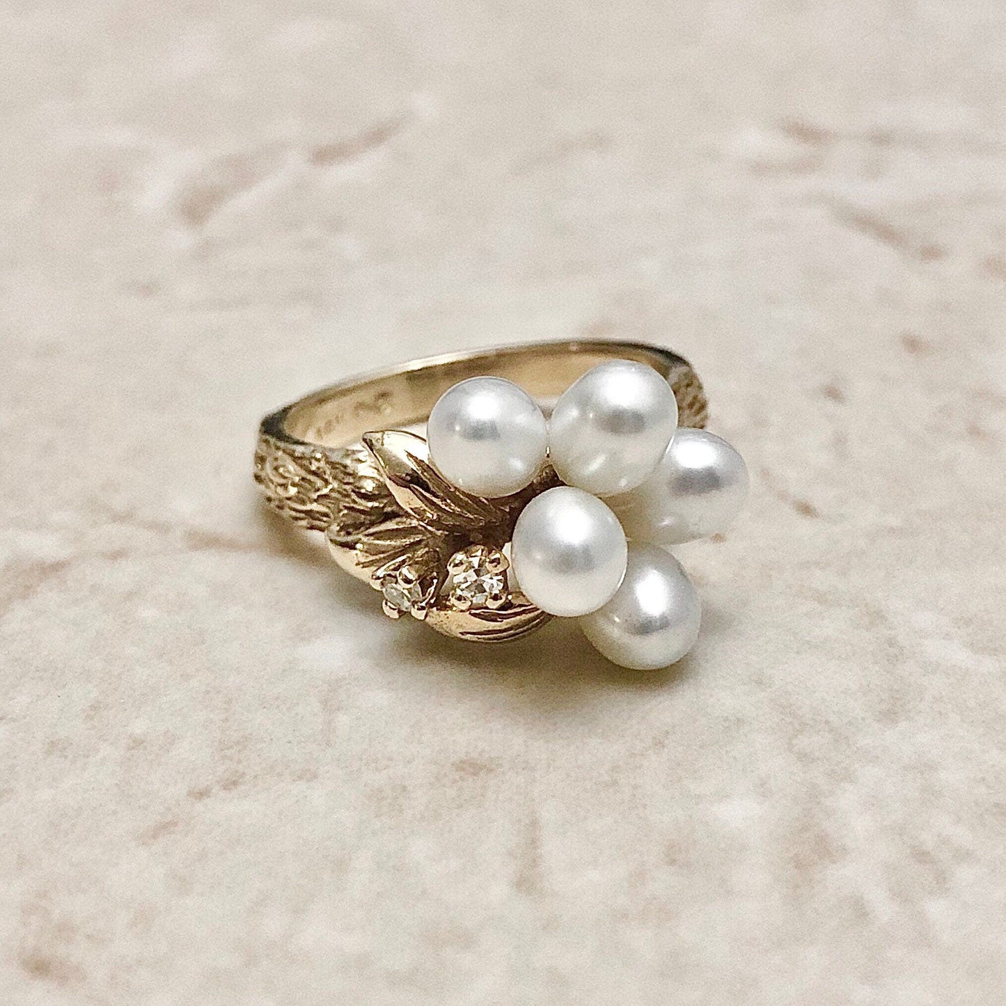 Vintage 14 Karat Yellow Gold White Pearl & Diamond Cocktail Ring - WeilJewelry