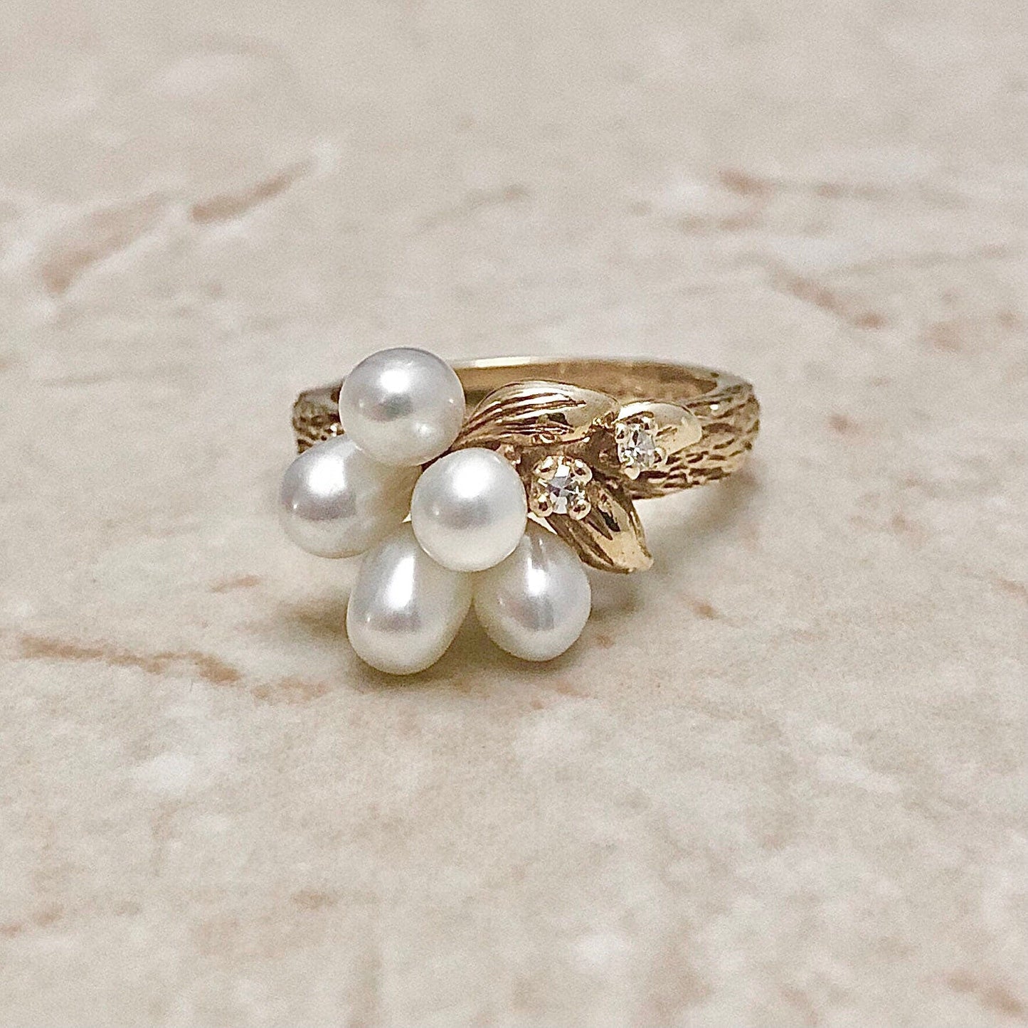 Vintage 14 Karat Yellow Gold White Pearl & Diamond Cocktail Ring - WeilJewelry