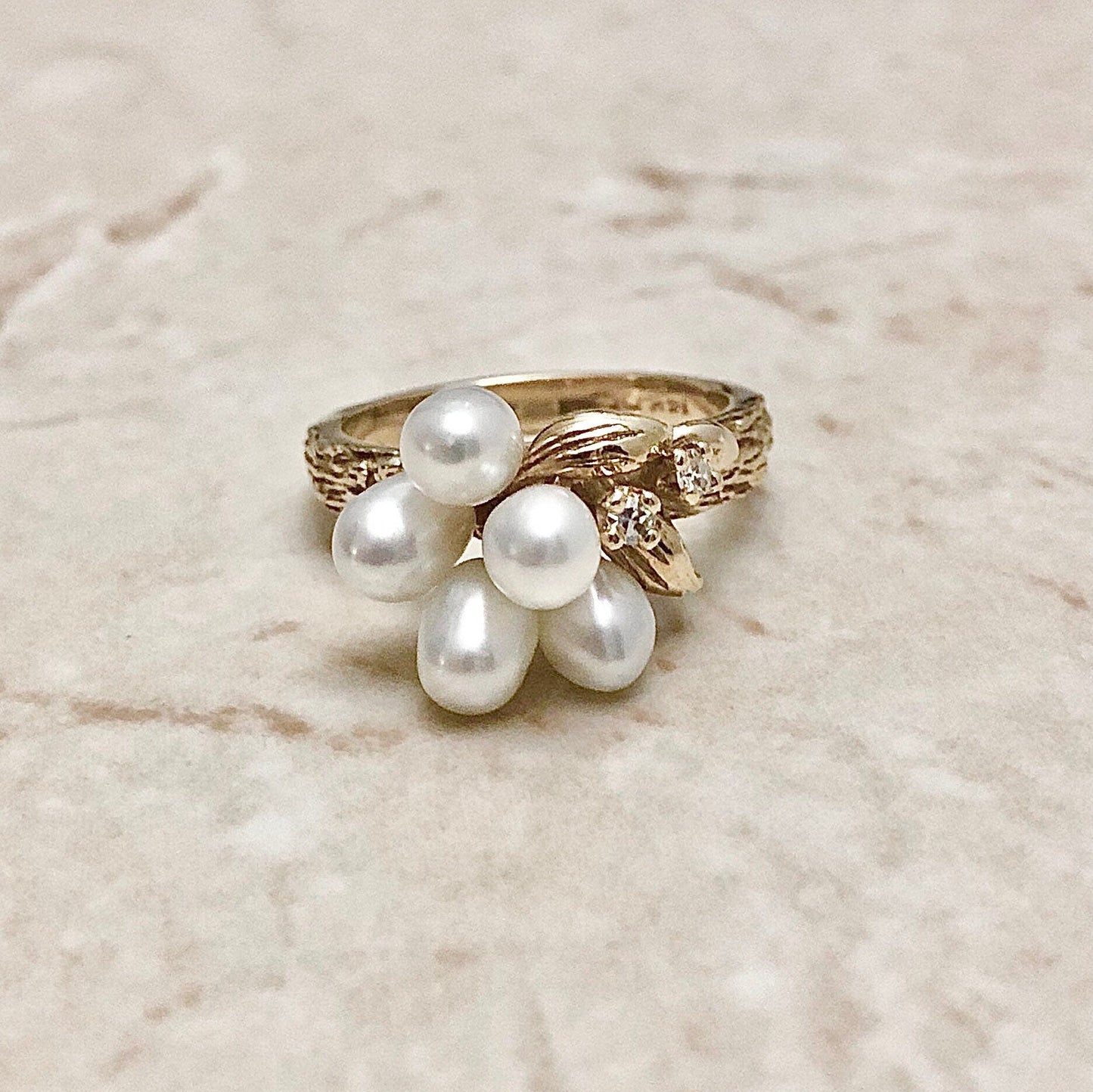 Vintage 14 Karat Yellow Gold White Pearl & Diamond Cocktail Ring - WeilJewelry