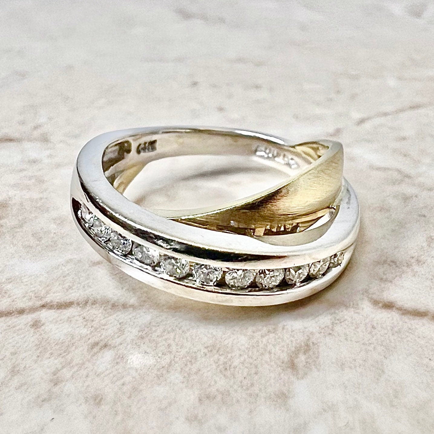 Vintage 14 Karat Yellow & White Gold Diamond Crossover Band Ring - WeilJewelry