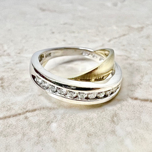 Vintage 14 Karat Yellow & White Gold Diamond Crossover Band Ring - WeilJewelry