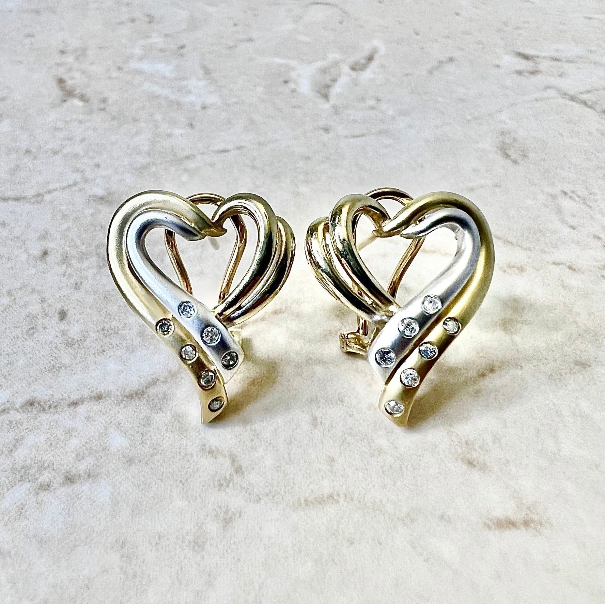Vintage 14K Diamond Heart Stud Earrings - Two Tone Gold Earrings - Birthday Gift - Christmas Gift - Holiday Gift - Anniversary Gift