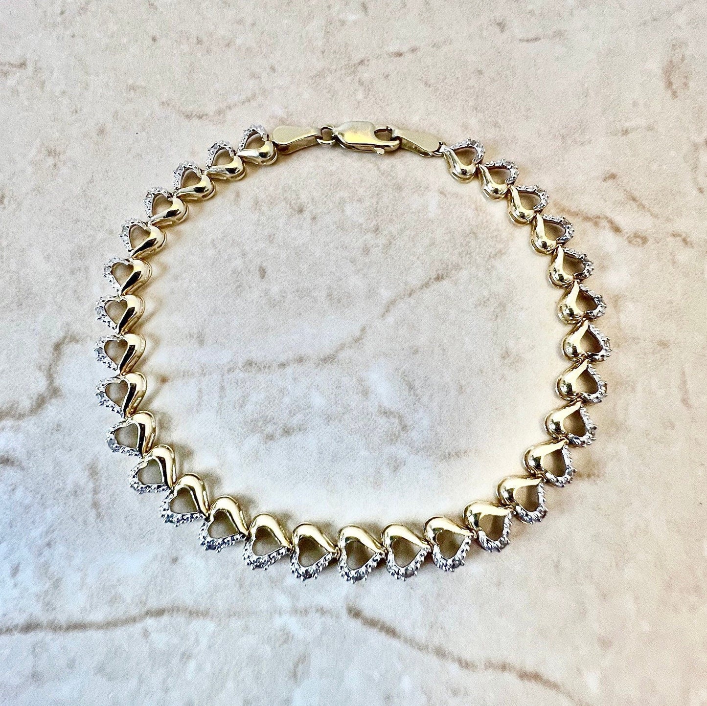 Vintage 14 Karat Yellow & White Gold Diamond Heart Tennis Bracelet - WeilJewelry