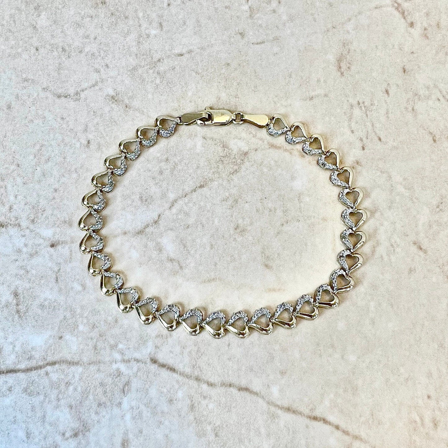 Vintage 14 Karat Yellow & White Gold Diamond Heart Tennis Bracelet - WeilJewelry