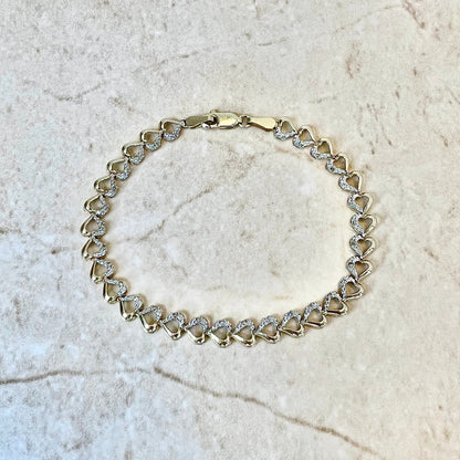 Vintage 14 Karat Yellow & White Gold Diamond Heart Tennis Bracelet - WeilJewelry