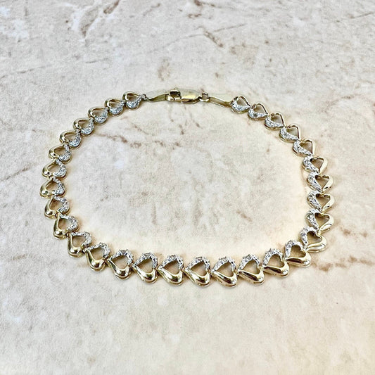 Vintage 14K Heart Diamond Bracelet - Yellow Gold Diamond Heart Bracelet - Vintage Bracelet - Valentine’s Day Gift - Best Gifts For Her