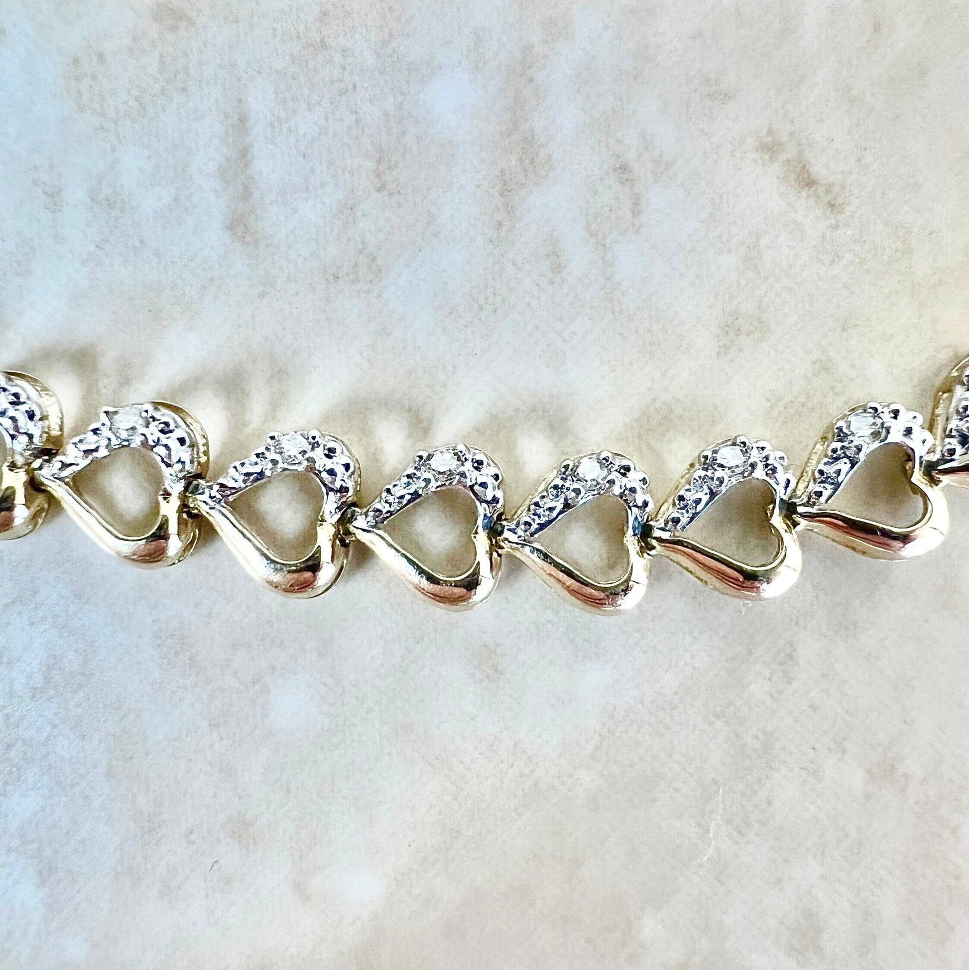 Vintage 14 Karat Yellow & White Gold Diamond Heart Tennis Bracelet - WeilJewelry