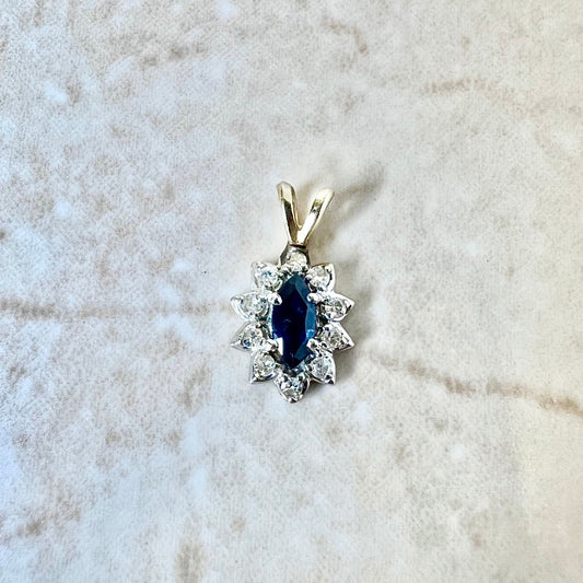 Vintage 14 Karat Yellow & White Gold Marquise Sapphire & Diamond Halo Pendant - WeilJewelry