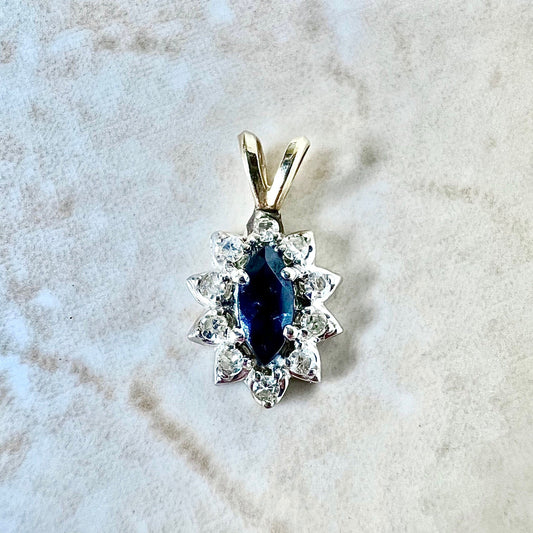 Vintage 14 Karat Yellow & White Gold Marquise Sapphire & Diamond Halo Pendant - WeilJewelry
