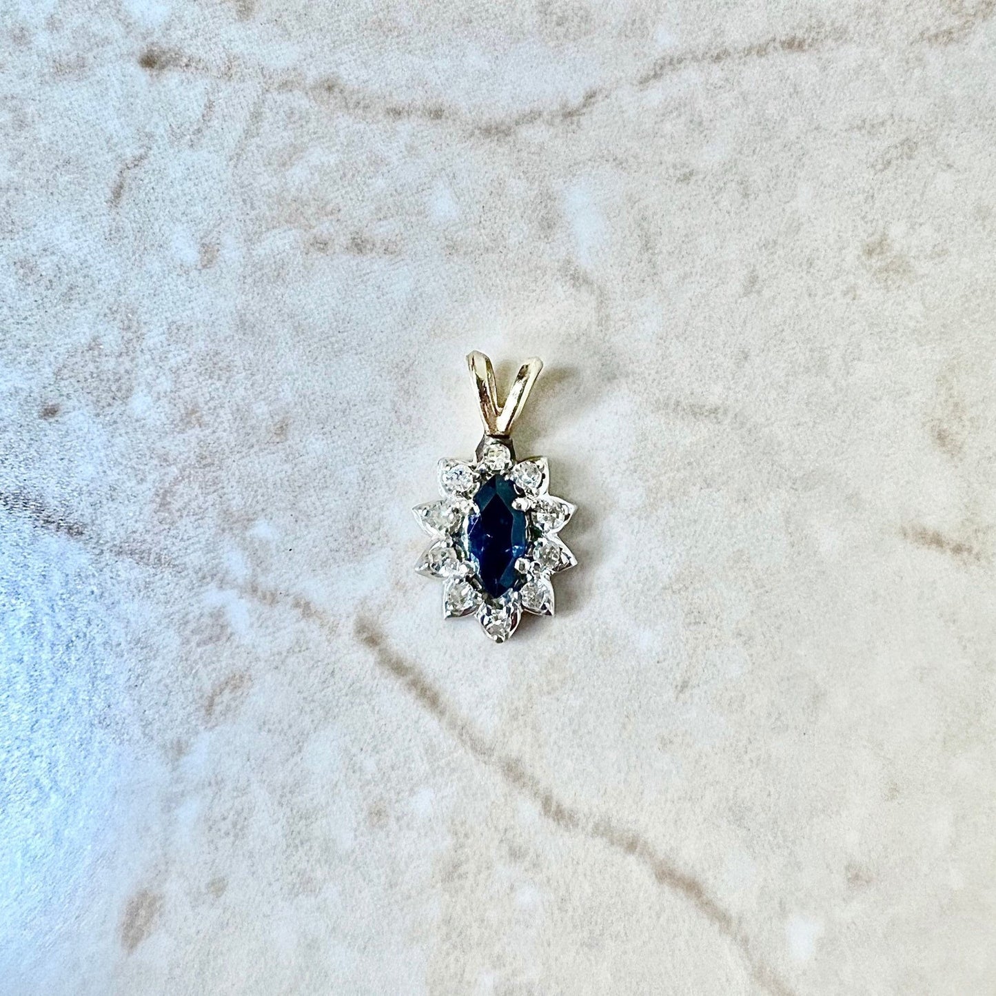 Vintage 14K Sapphire & Diamond Halo Pendant Necklace - Two Tone Gold  Sapphire Necklace - September Birthstone - Birthday Gift For Her