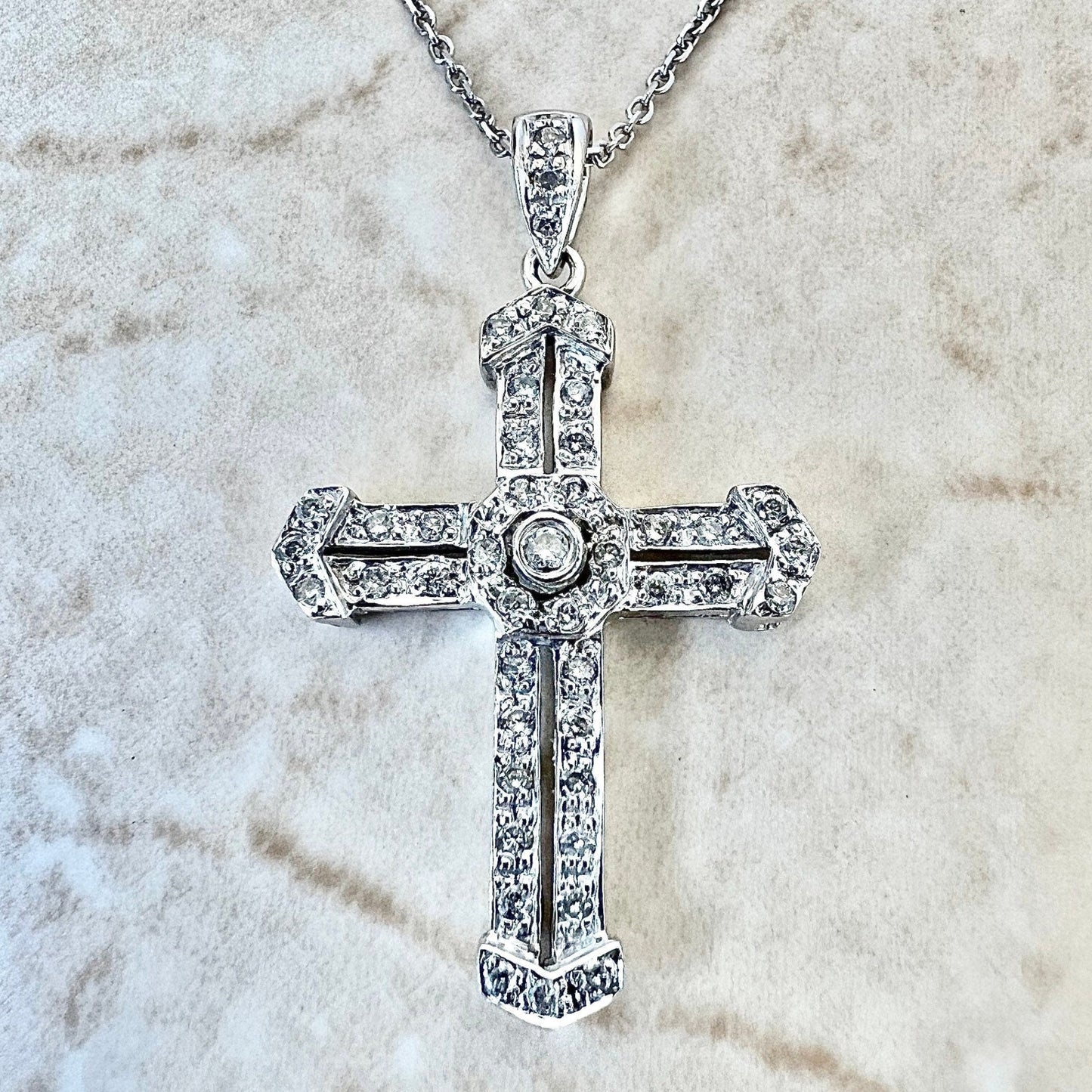 Vintage 18 Karat White Gold 1/2 Carat Diamond Cross Pendant Necklace - WeilJewelry