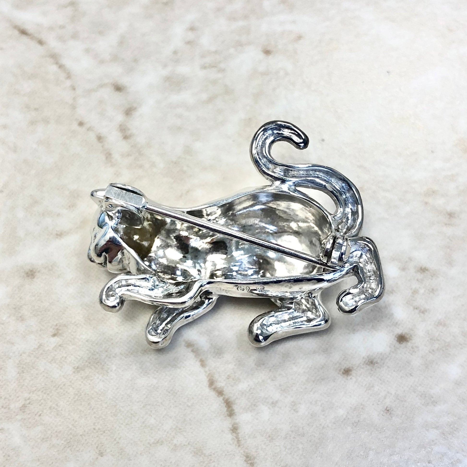 Vintage 18 Karat White Gold Cat Brooch By Carvin French - WeilJewelry