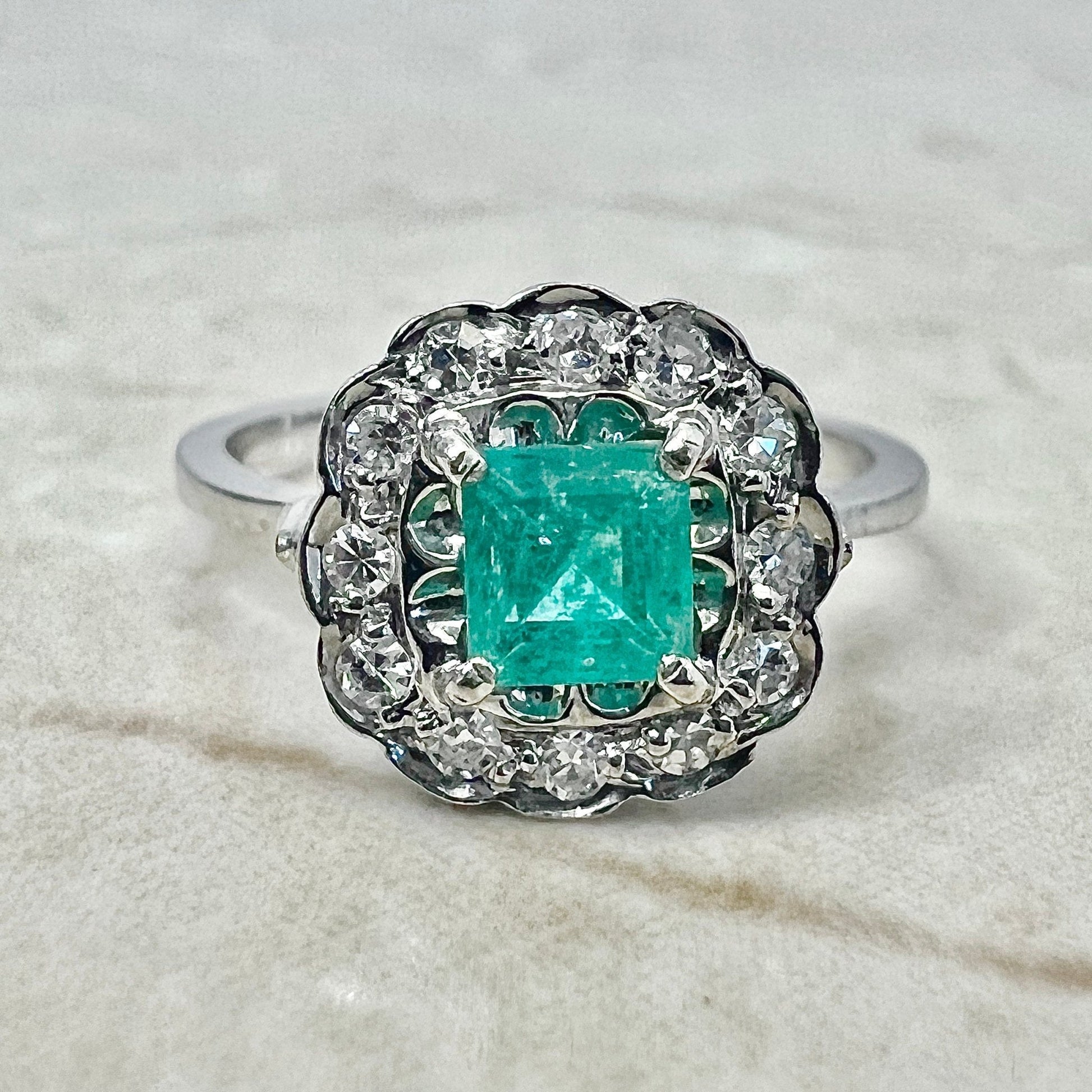 Vintage 18 Karat White Gold Natural Emerald & Diamond Halo Ring - Engagement Ring - Cocktail Ring - April May Birthstone Gift - Size 6 US - WeilJewelry