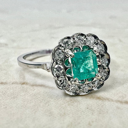 Vintage 18 Karat White Gold Natural Emerald & Diamond Halo Ring - Engagement Ring - Cocktail Ring - April May Birthstone Gift - Size 6 US - WeilJewelry