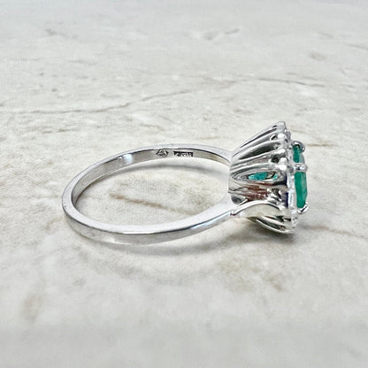 Vintage 18 Karat White Gold Natural Emerald & Diamond Halo Ring - Engagement Ring - Cocktail Ring - April May Birthstone Gift - Size 6 US - WeilJewelry