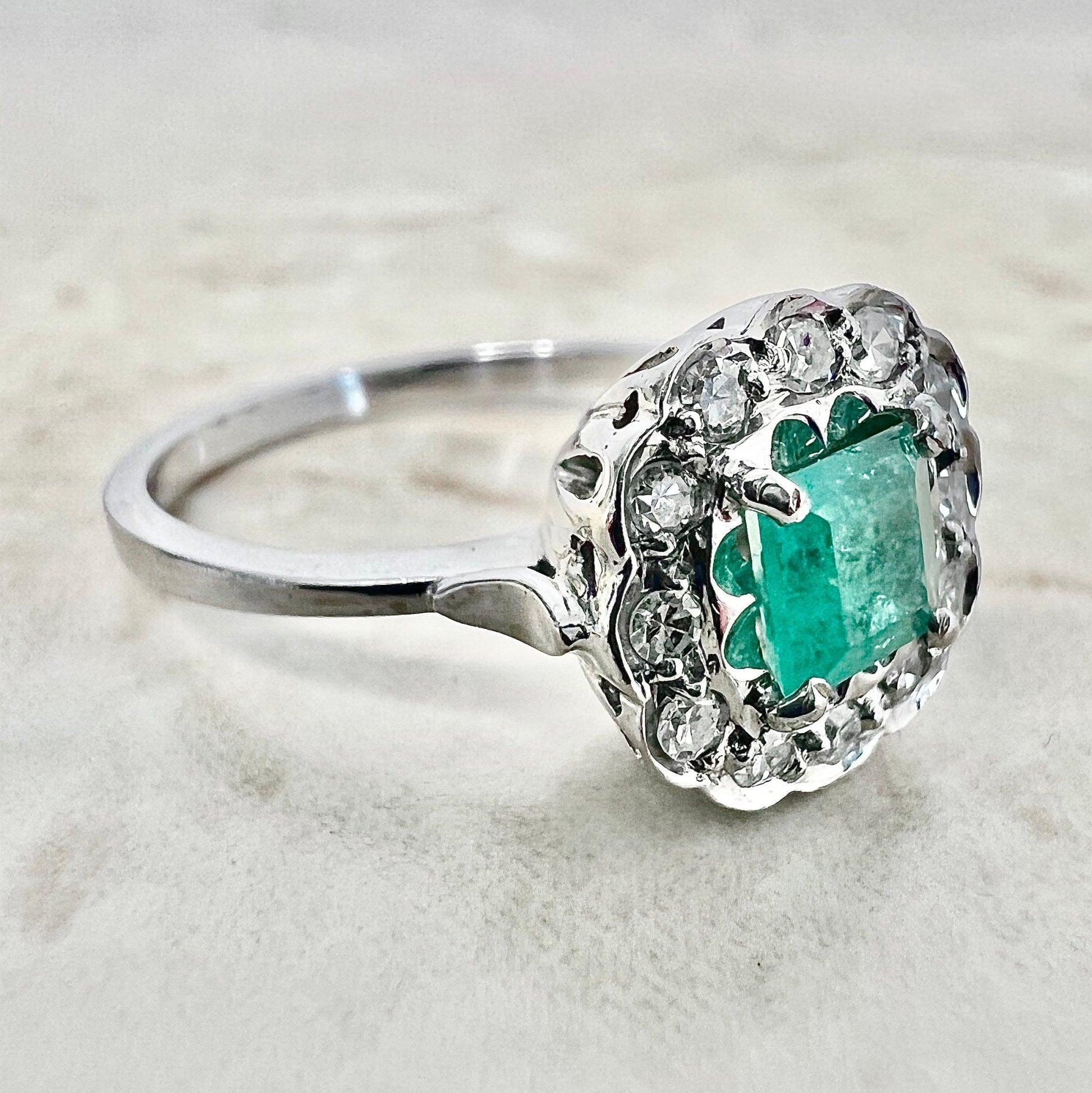 Vintage 18 Karat White Gold Natural Emerald & Diamond Halo Ring - Engagement Ring - Cocktail Ring - April May Birthstone Gift - Size 6 US - WeilJewelry