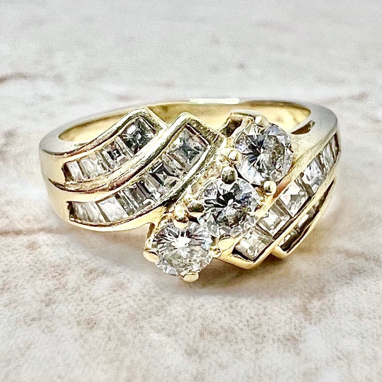 18K Three Stone Diamond Ring - Yellow Gold Diamond Cocktail Ring - Anniversary Ring - Promise Ring - Birthday Gift - Best Gift For Her