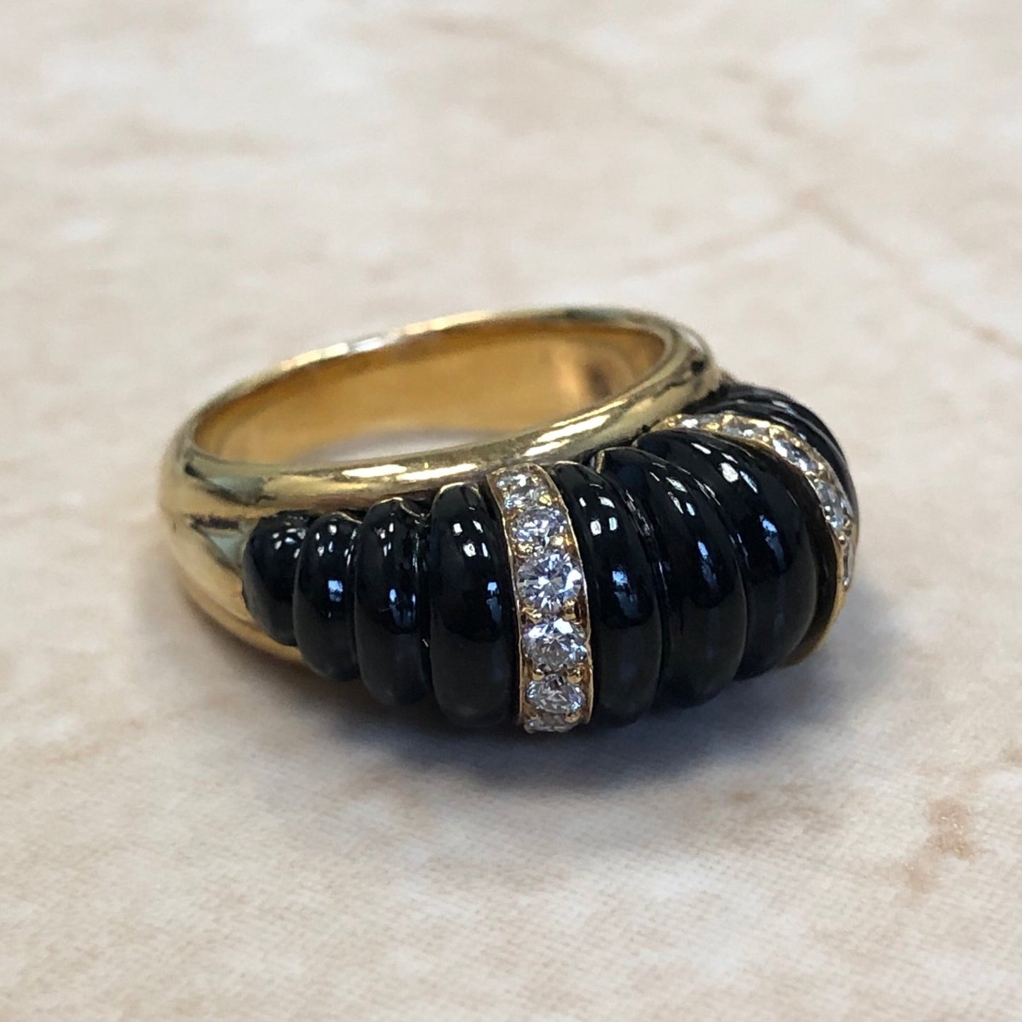 Vintage 18 Karat Yellow Gold Carved Black Onyx & Diamond Ring Signed Carvin French Jewelers