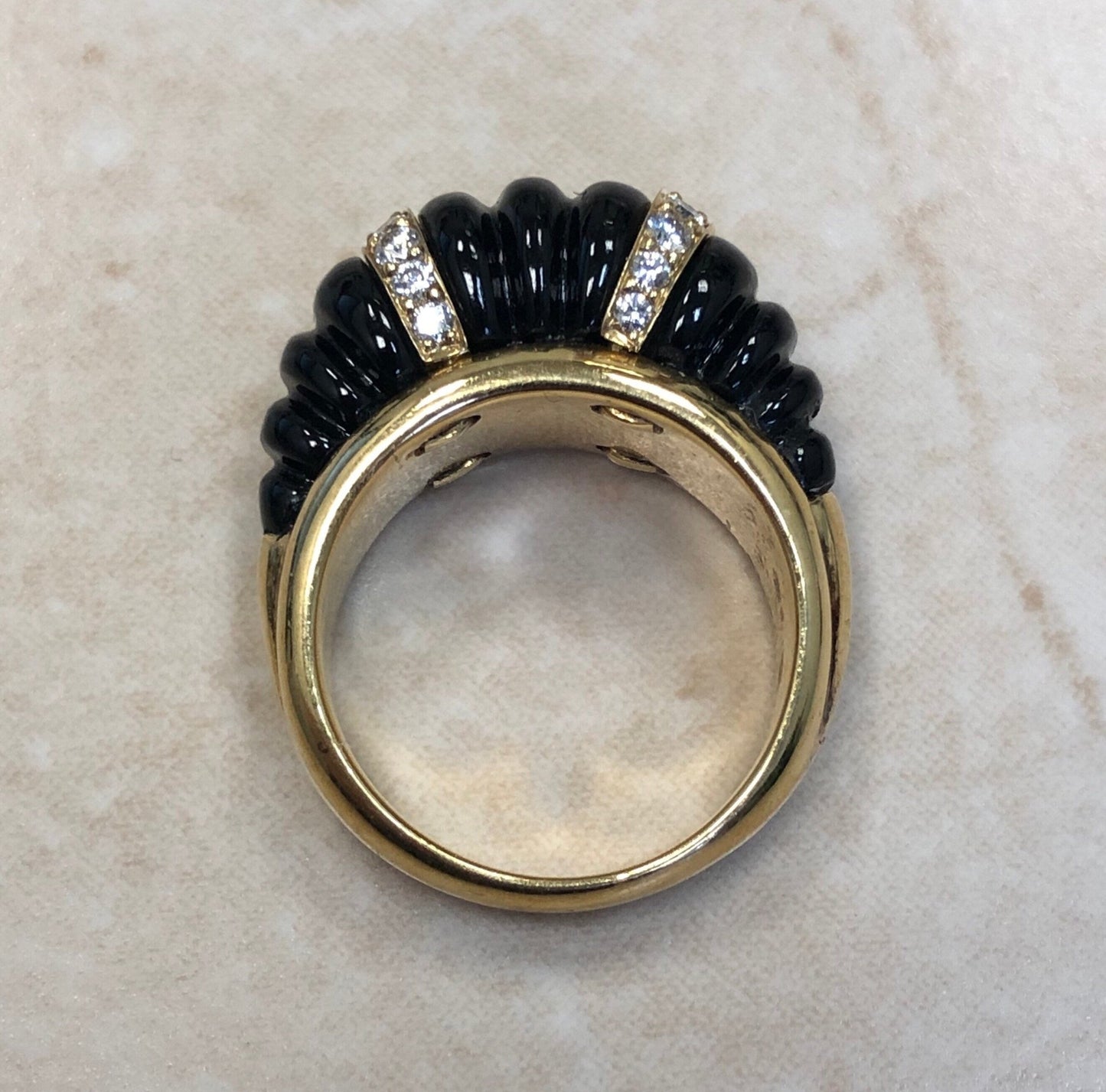 Vintage 18K Black Onyx & Diamond Ring - Cocktail Ring - Yellow Gold - Signed Carvin French Jewelers