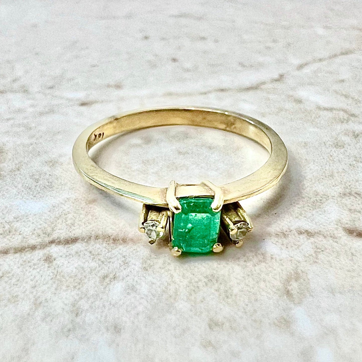 Vintage 18 Karat Yellow Gold Natural Emerald & Diamond Three - Stone Ring - WeilJewelry