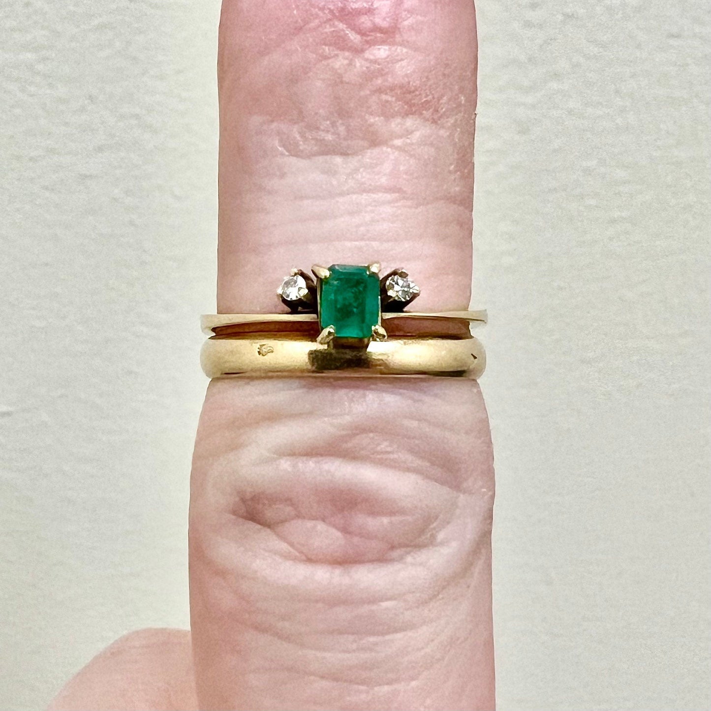 Vintage 18 Karat Yellow Gold Natural Emerald & Diamond Three - Stone Ring - WeilJewelry