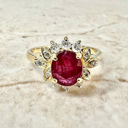 18K Vintage Ruby & Diamond Halo Ring - Gold Ruby Ring - Ruby Engagement Ring - Ruby Halo Ring - Cocktail Ring-Promise Ring-Best Gift For Her