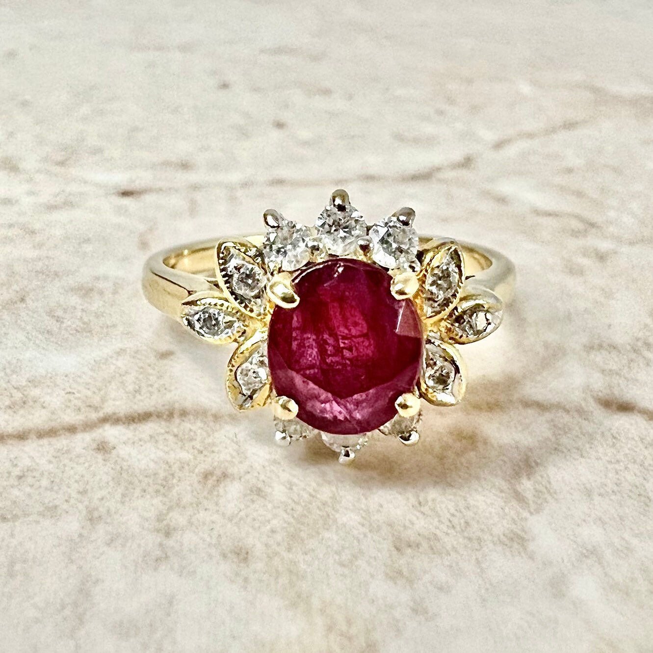 18K Vintage Ruby & Diamond Halo Ring - Gold Ruby Ring - Ruby Engagement Ring - Ruby Halo Ring - Cocktail Ring-Promise Ring-Best Gift For Her