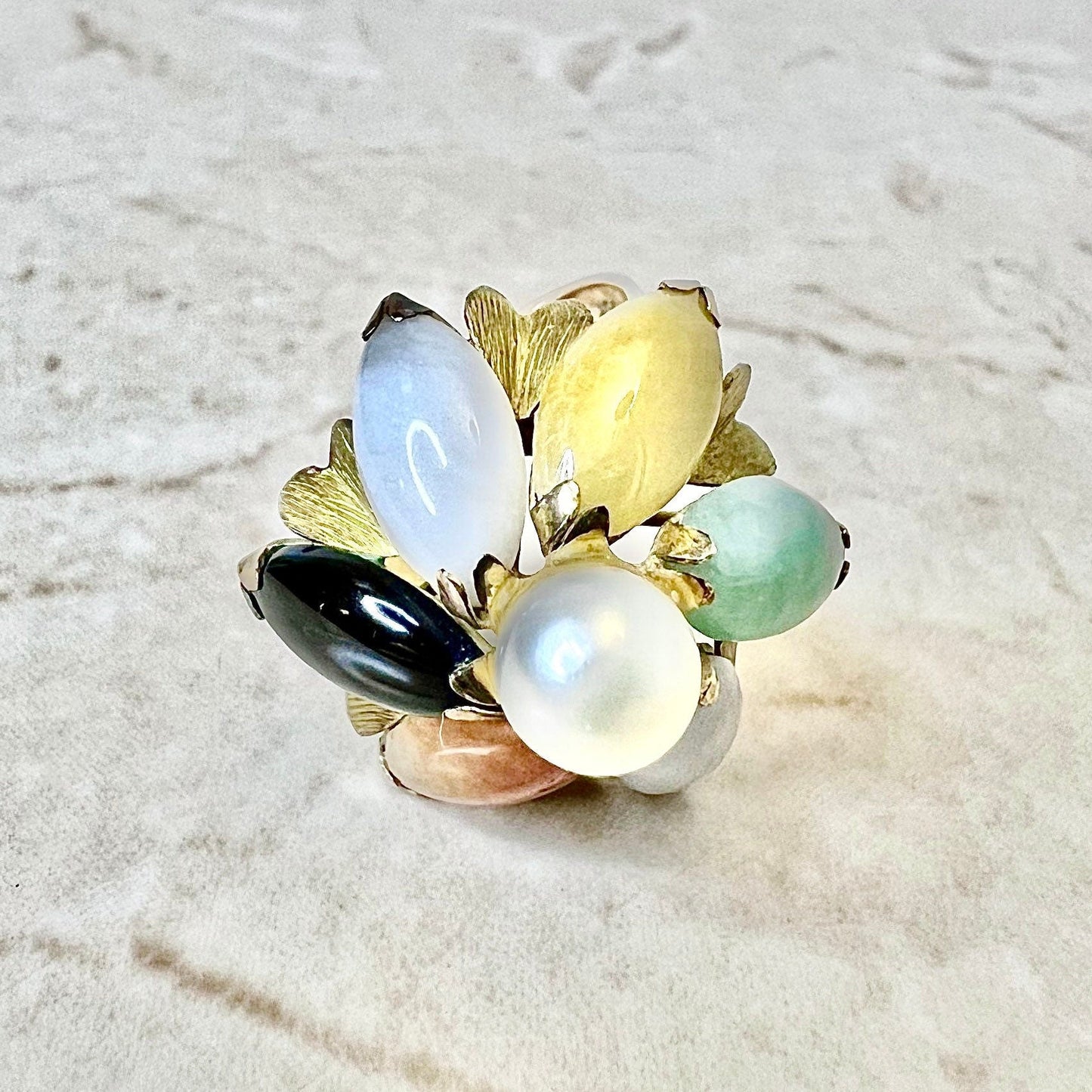 Vintage 18K Natural Multicolor Jadeite And Pearl Cocktail Ring - Rose & Yellow Gold Bauhinia Flower Ring - Jade Jadeite Ring - Gift For Her