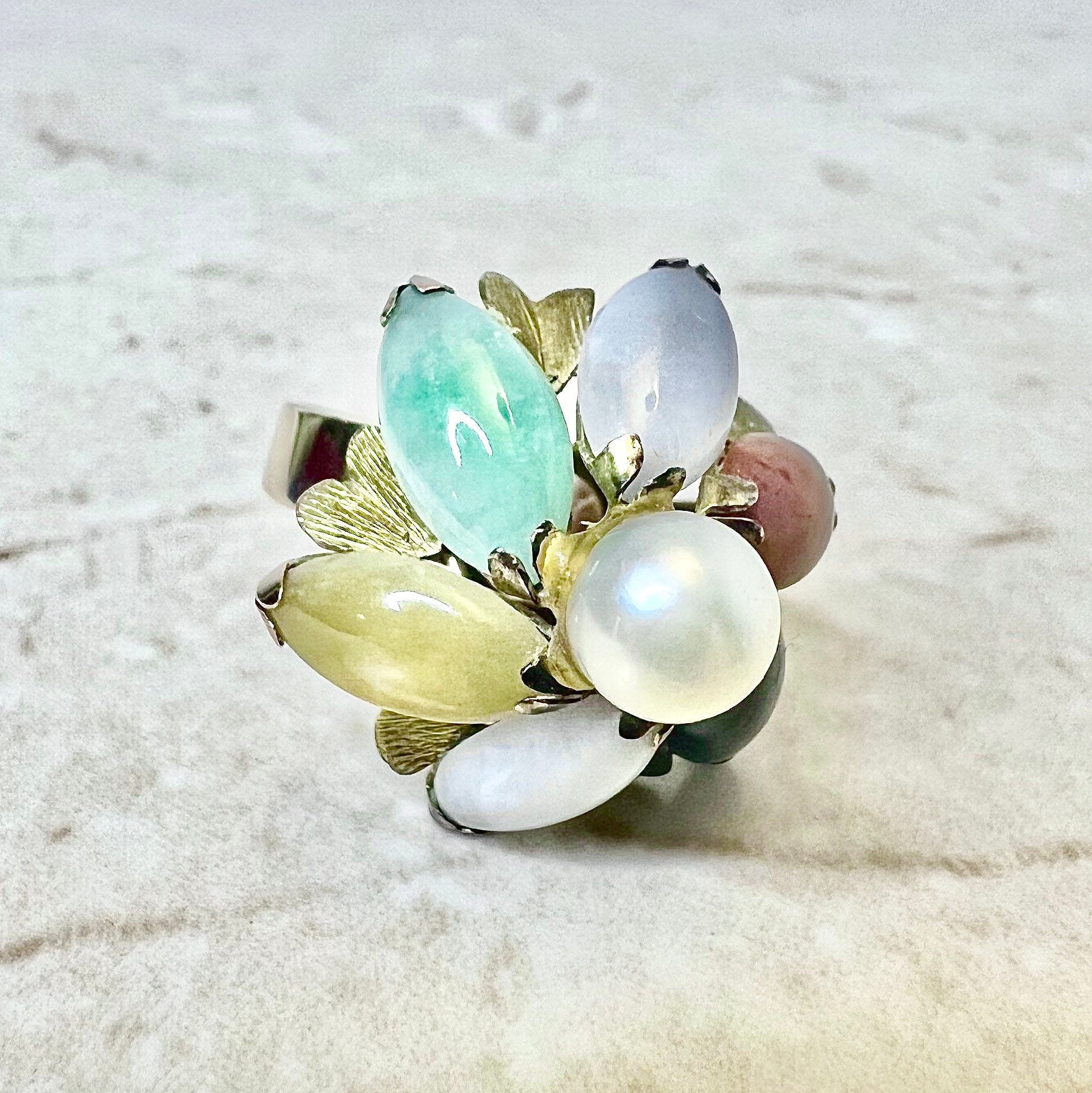 Vintage 18K Natural Multicolor Jadeite And Pearl Cocktail Ring - Rose & Yellow Gold Bauhinia Flower Ring - Jade Jadeite Ring - Gift For Her