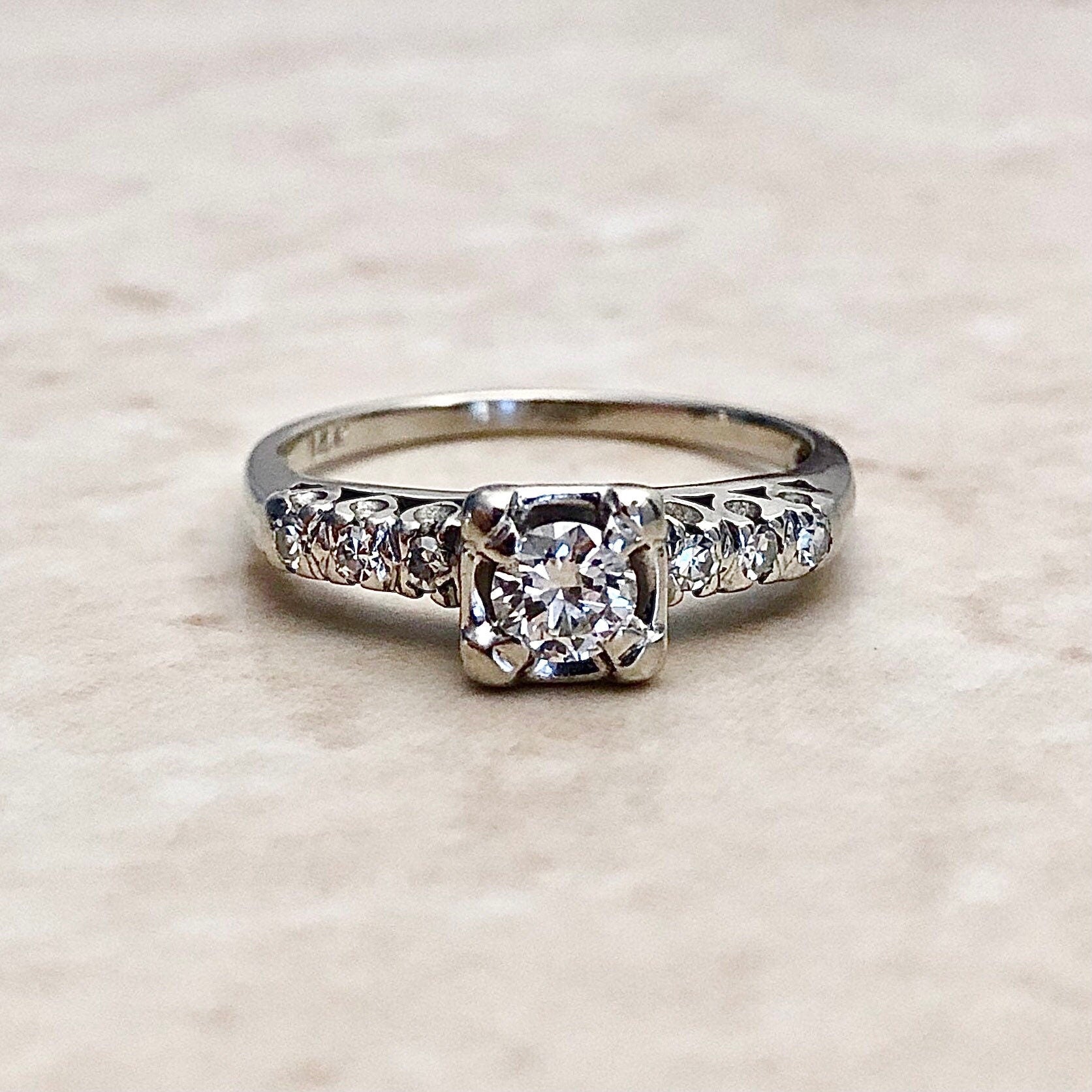 Vintage 1940’s 14 Karat White Gold 0.35 Carat Diamond Engagement Ring - WeilJewelry