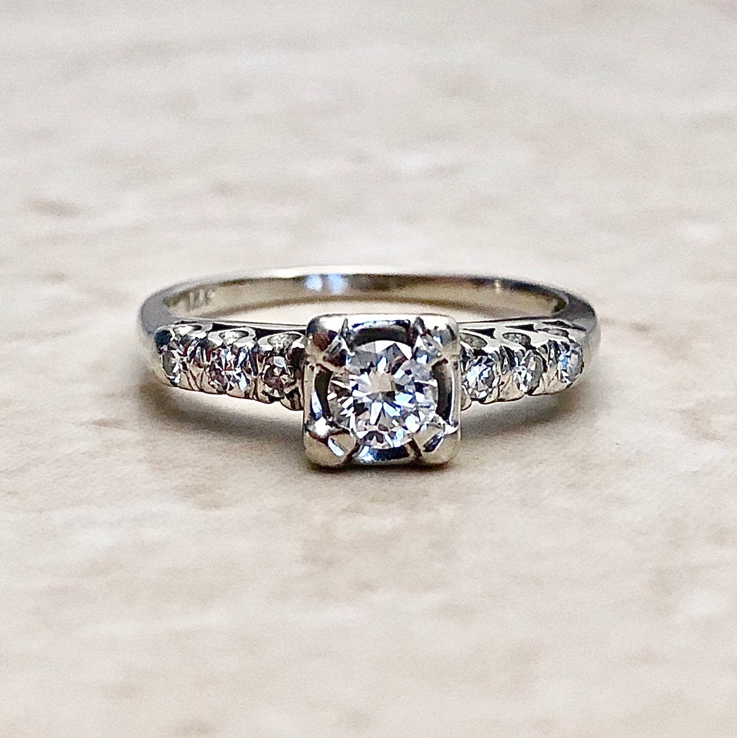 Vintage 1940’s 14 Karat White Gold 0.35 Carat Diamond Engagement Ring - WeilJewelry