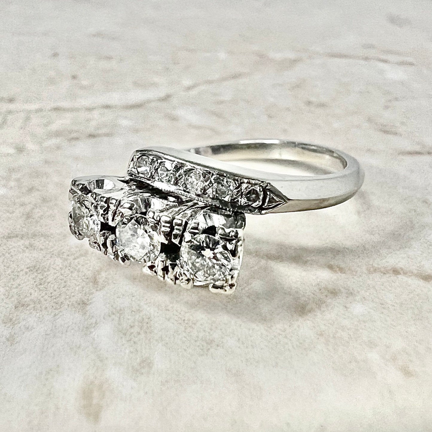 CLEARANCE 40% OFF - Vintage 1940’s 14 Karat White Gold 0.65 Carat Diamond Three - Stone Ring - WeilJewelry