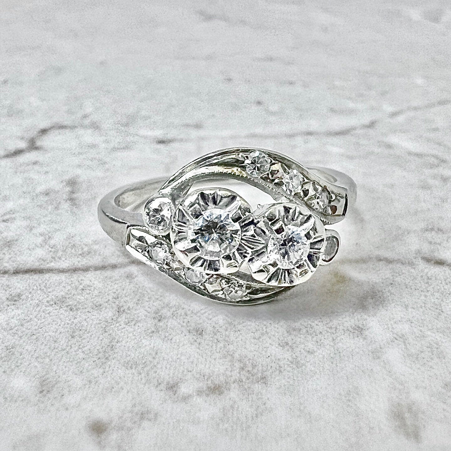 Vintage 14K Toi Et Moi Diamond Ring - White Gold Bypass Ring - 2 Stone Ring - Best Gifts For Her - Valentine’s Day Gifts - Promise Ring