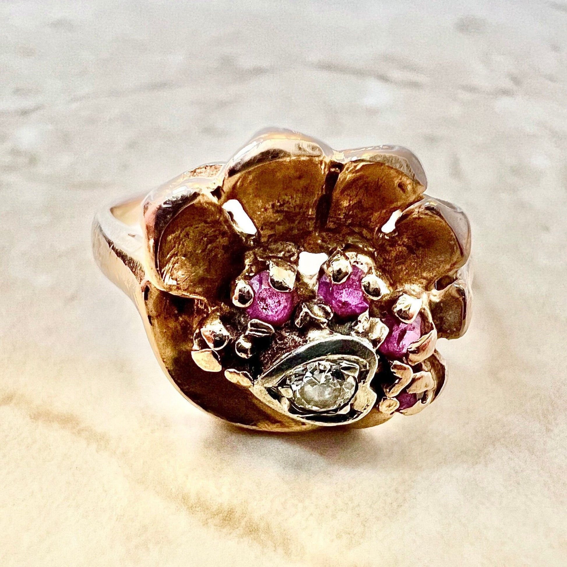 Vintage 1940’s Retro 14 Karat Rose Gold Diamond & Ruby Heart Seashell Ring - WeilJewelry