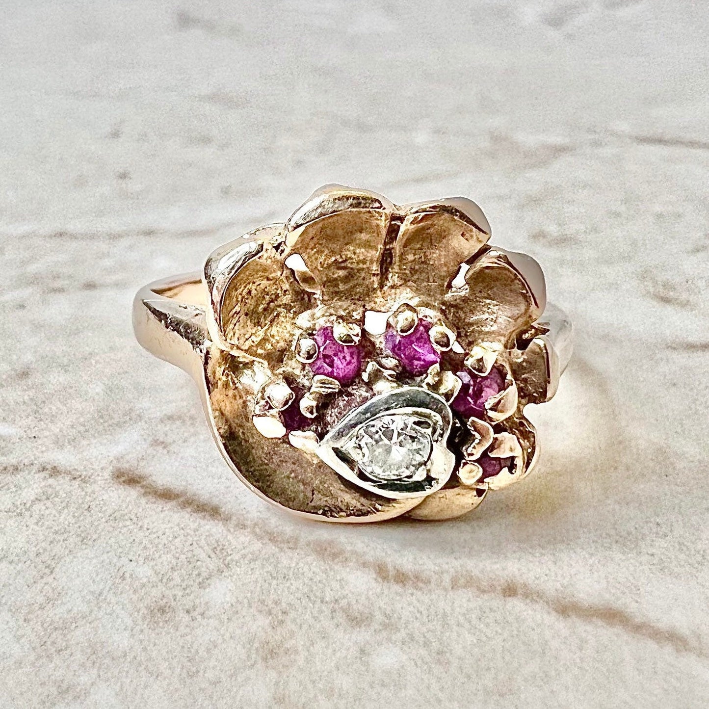 14K Vintage Retro Diamond & Ruby Seashell Cocktail Ring - Rose Gold Ruby Ring - Heart Ring - Gold Retro Ring - Valentine’s Day Gifts For Her