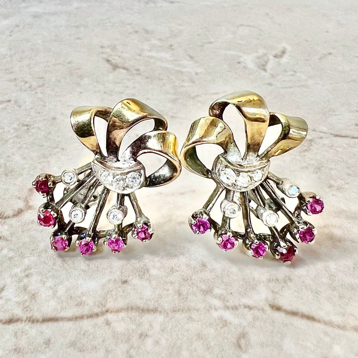 Vintage Retro 14K Diamond & Synthetic Ruby Clip On Earrings - Two Tone Gold Ruby Earrings - Retro Earrings - July Birthstone - Gifts For Her
