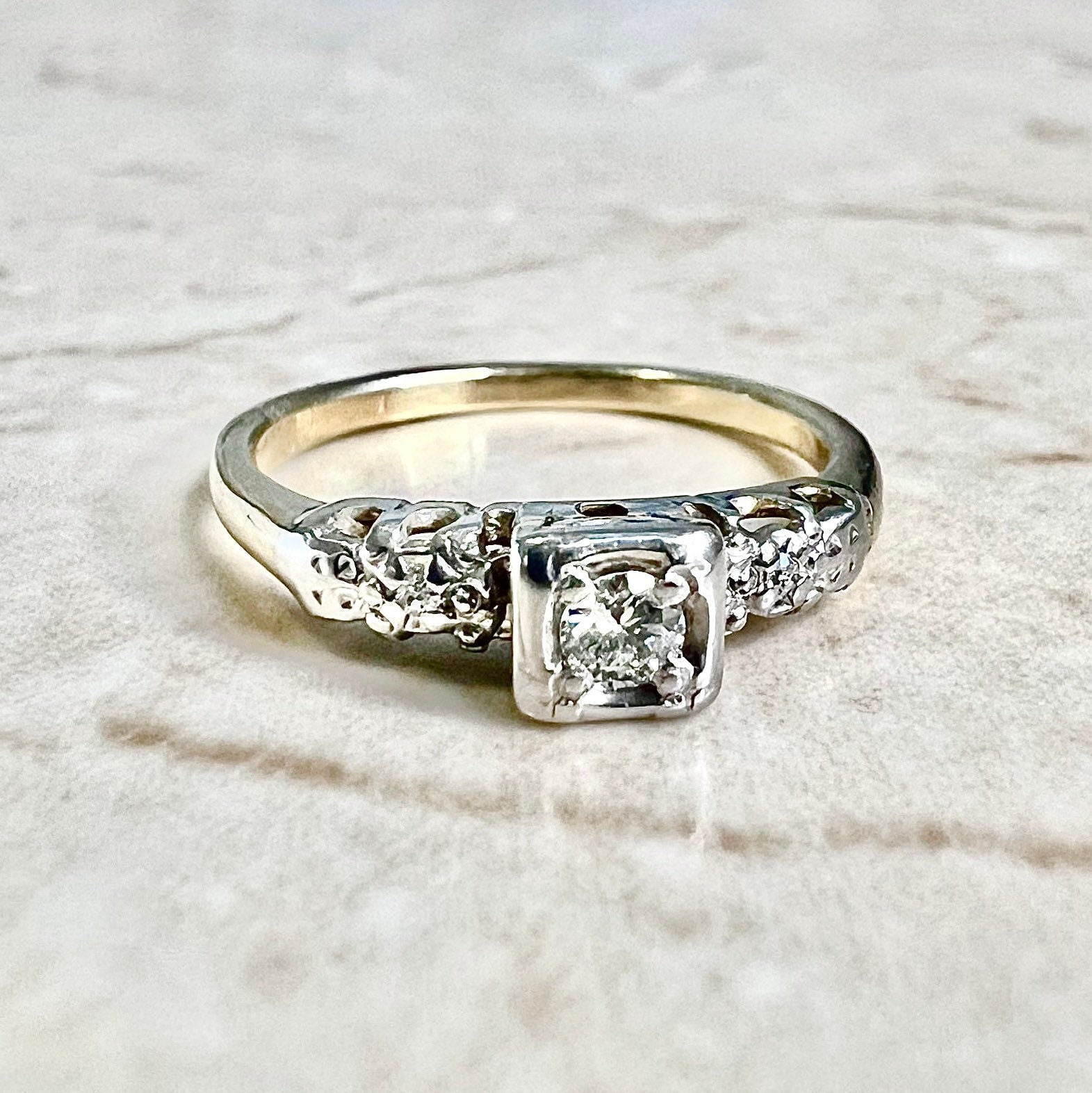 Vintage Retro Diamond Engagement Ring Circa 1940 - 14K Two Tone Gold Ring - Diamond Solitaire Ring - Vintage Solitaire -Diamond Wedding Ring