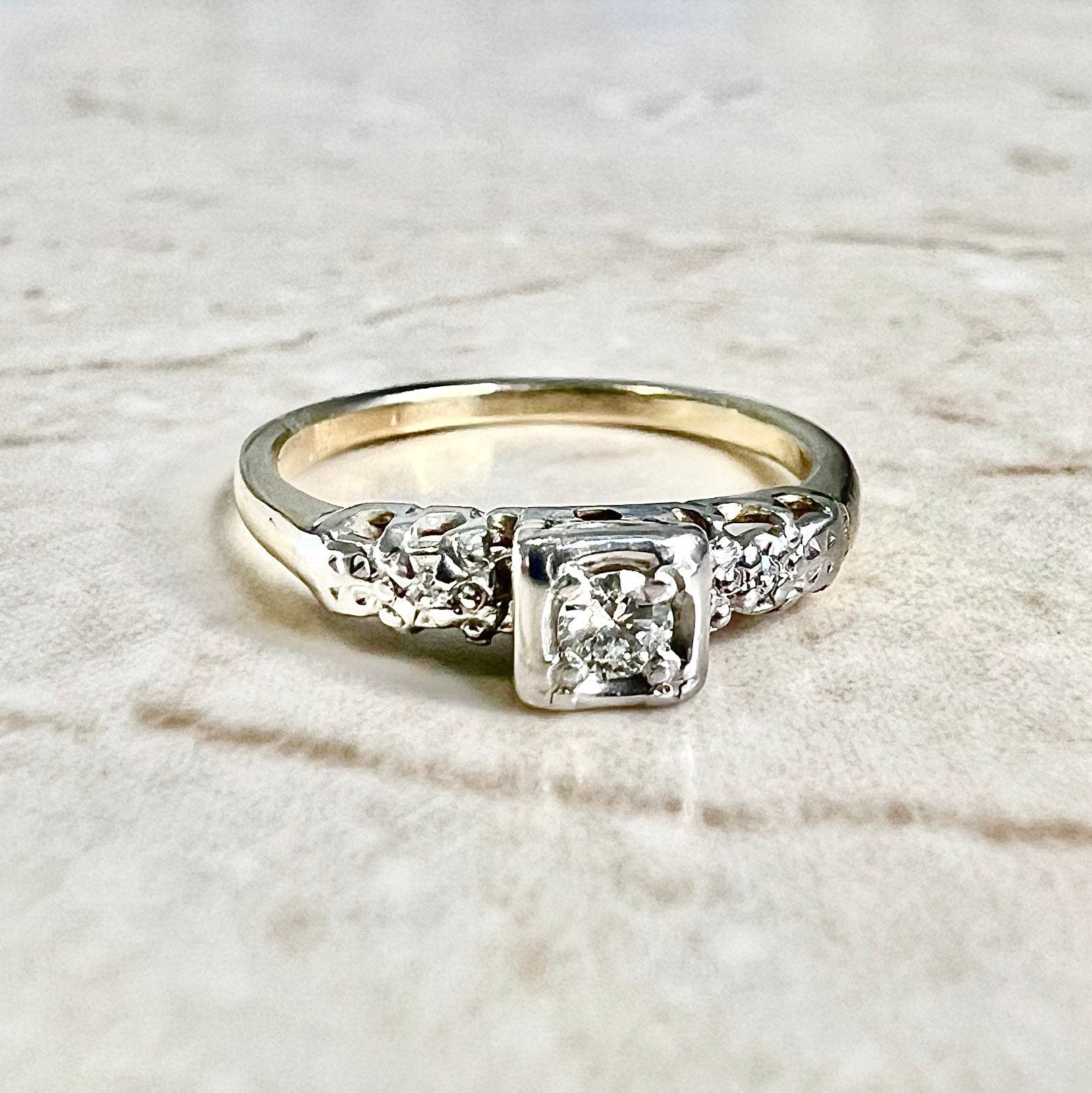vintage 1940s retro 14 karat yellow white gold diamond engagement ring 809434