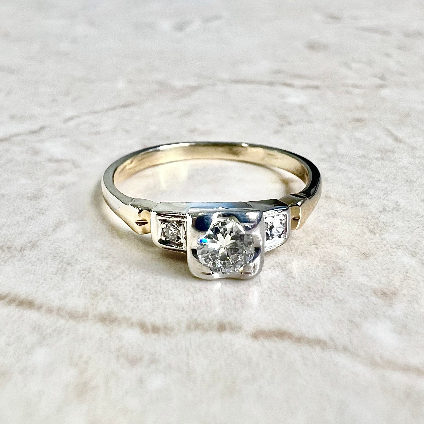 Vintage Retro Diamond Engagement Ring Circa 1940 - 14K Two Tone Gold Ring - Vintage Solitaire - Diamond Solitaire Ring- 3 Stone Wedding Ring