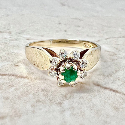 Vintage 14K Natural Emerald & Diamond Halo Ring - Yellow Gold Emerald Cocktail Ring - April May Brithstone - Best Gift For Her -Jewelry Sale