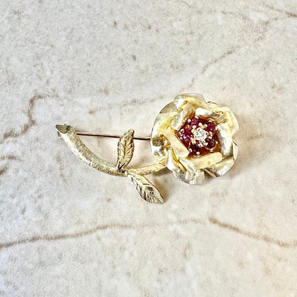 Vintage 1960’s 14K Diamond & Ruby Brooch - Yellow Gold Flower Brooch - Gold Ruby Pin - July Birthstone - Birthday Gift - Best Gift For Her