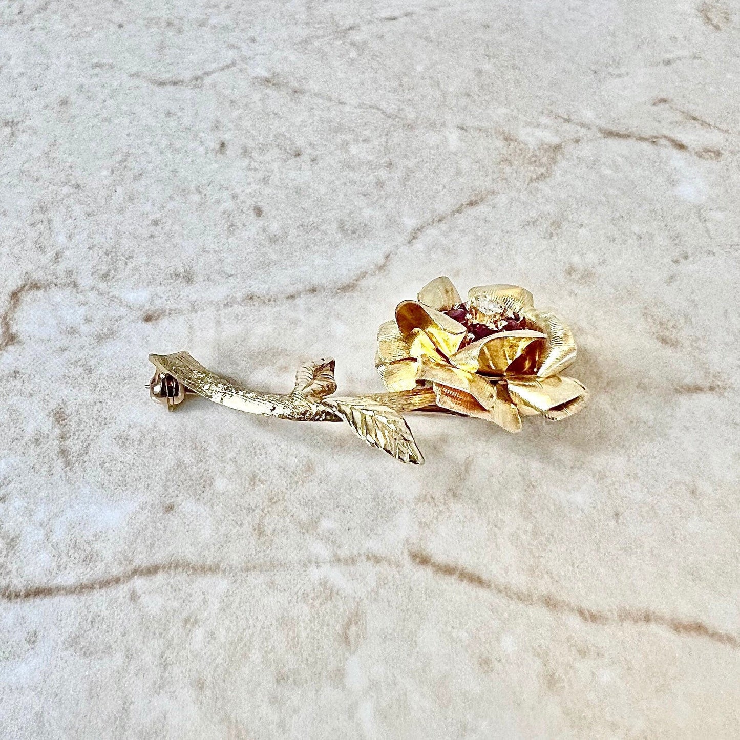 Vintage 1960’s 14K Diamond & Ruby Brooch - Yellow Gold Flower Brooch - Gold Ruby Pin - July Birthstone - Birthday Gift - Best Gift For Her