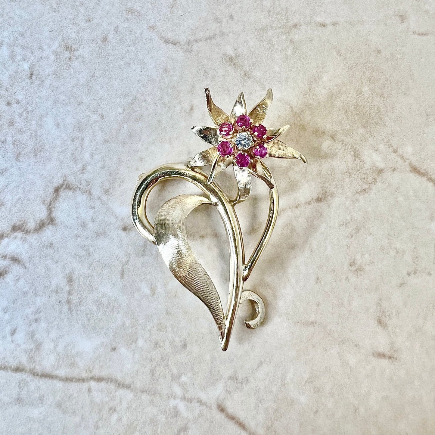 Vintage 1960’s 14K Diamond & Ruby Brooch - Yellow Gold Heart/Flower Brooch - Gold Ruby Pin - July Birthstone - Valentine’s Gift For Her