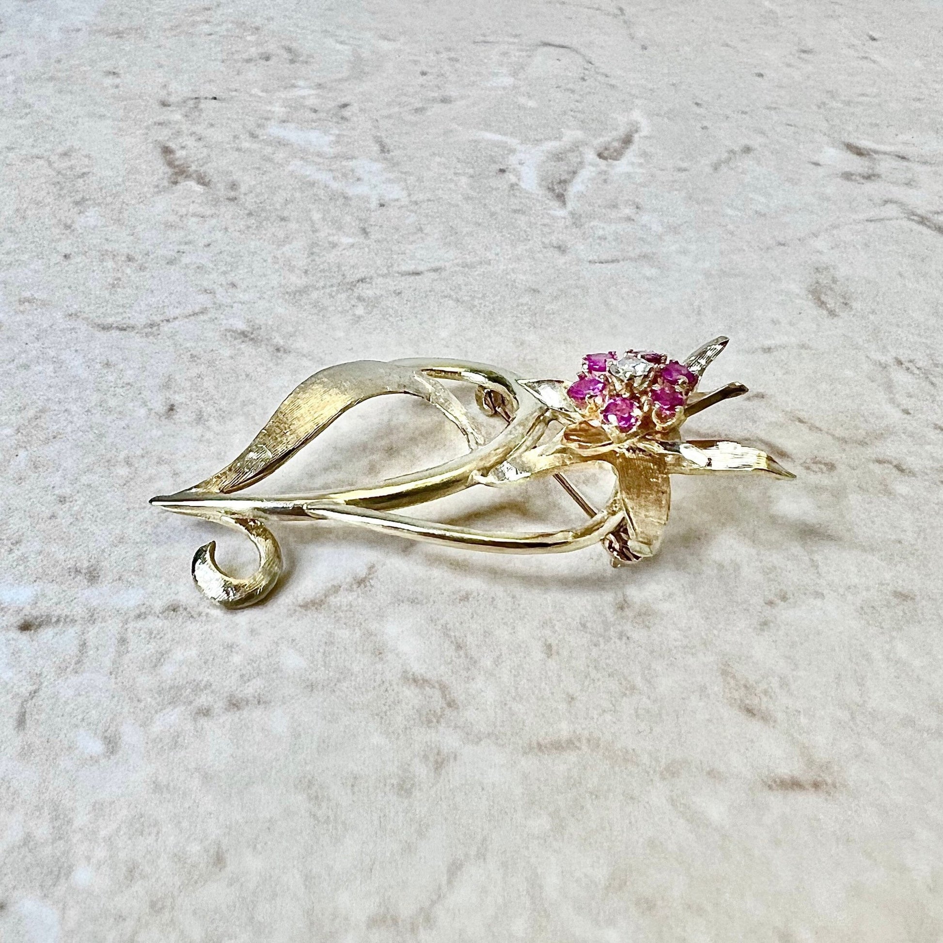 Vintage 1960’s 14K Diamond & Ruby Brooch - Yellow Gold Heart/Flower Brooch - Gold Ruby Pin - July Birthstone - Valentine’s Gift For Her